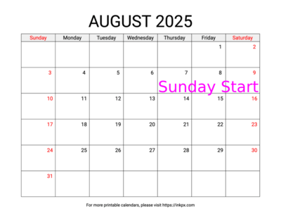 Free Printable Weekend Highlighted August 2025 Calendar (Sunday Start)