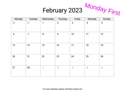 Printable Blank February 2023 Calendar (Monday First)