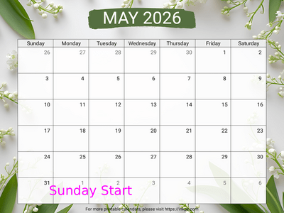 Free Printable Lily of the Valley Background May 2026 Calendar (Sunday Start)