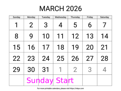 Free Printable Large March 2026 Calendar (Sunday Start)