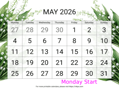 Free Printable Large Lily of the Valley May 2026 Calendar (Monday Start)