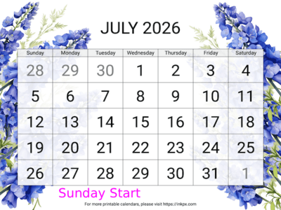 Free Printable Large Delphinium July 2026 Calendar (Sunday Start)
