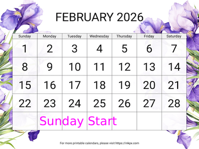 Free Printable Irises Large February 2026 Calendar (Sunday Start)