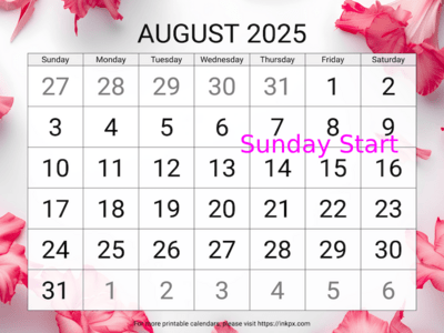 Free Printable Large Gladiolus Background August 2025 Calendar (Sunday Start)