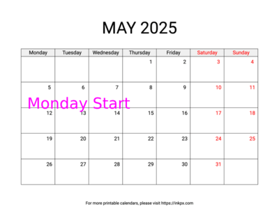 Free Printable Weekend Highlighted May 2025 Calendar (Monday Start)