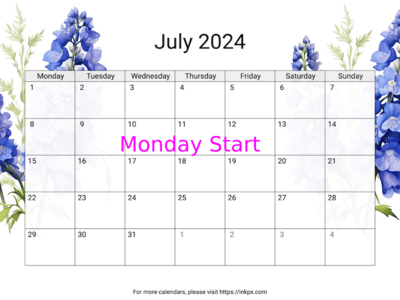 Printable Delphinium July 2024 Calendar(Monday Start)