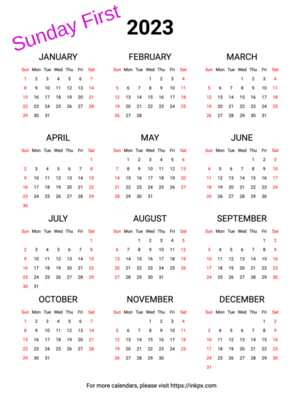 Printable Weekend Highlight 2023 Calendar (Sunday First)