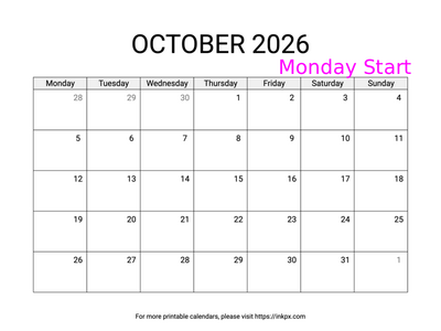 Free Printable Simple October 2026 Calendar (Monday Start)