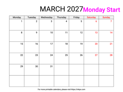 Free Printable Weekend Highlighted March 2027 Calendar (Monday Start)