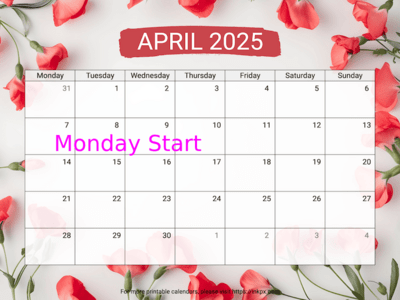 Free Printable Sweet Pea April 2025 Calendar (Monday Start)