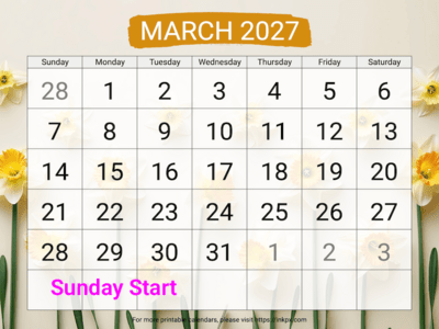 Free Printable Large Daffodil Background March 2027 Calendar (Sunday Start)
