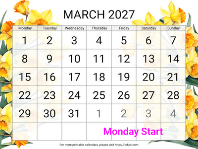 Free Printable Large Daffodil Background March 2027 Calendar (Monday Start)