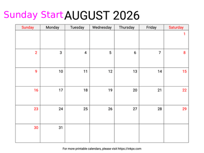 Free Printable Weekend Highlighted August 2026 Calendar (Sunday Start)