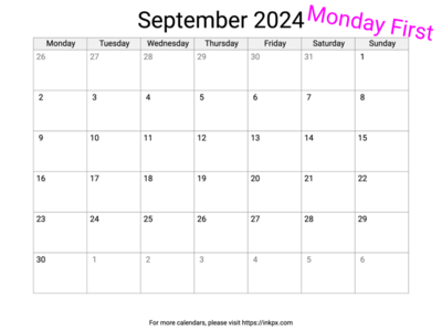 Printable Blank September 2024 Calendar (Monday First)