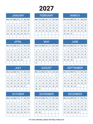 Free Printable Minimalist Blue Table 2027 Yearly Calendar (Monday Start)