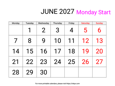 Free Printable Large Weekend Highlighted June 2027 Calendar (Monday Start)