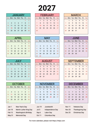 Free Printable Weekend Highlight Colorful Table 2027 Calendar with Highlighted US Holiday