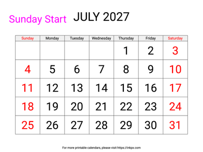 Free Printable Large Font Weekend Highlighted July 2027 Calendar (Sunday Start)