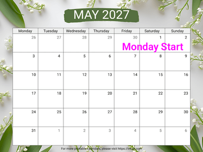 Free Printable Lily of the Valley Background May 2027 Calendar (Monday Start)