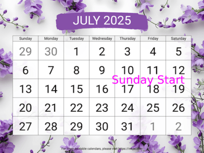 Free Printable Large Larkspur July 2025 Calendar (Sunday Start)