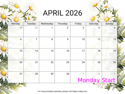 Free Printable Daisy April 2026 Calendar (Monday Start)
