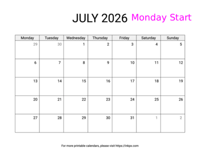 Free Printable Simple July 2026 Calendar (Monday Start)