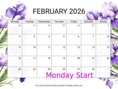 Free Printable Irises February 2026 Calendar (Monday Start)