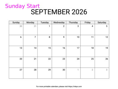 Free Printable Simple September 2026 Calendar (Sunday Start)