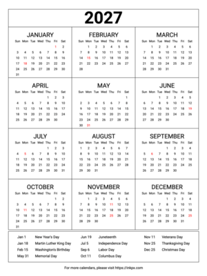 Free Printable Minimalist Table 2027 Yearly Calendar with Highlighted US Holiday