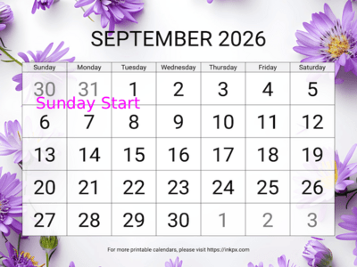 Free Printable Large Aster Background September 2026 Calendar (Sunday Start)