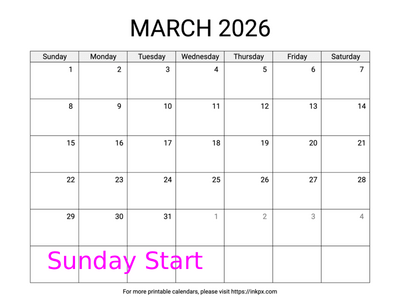 Free Printable Simple March 2026 Calendar (Sunday Start)