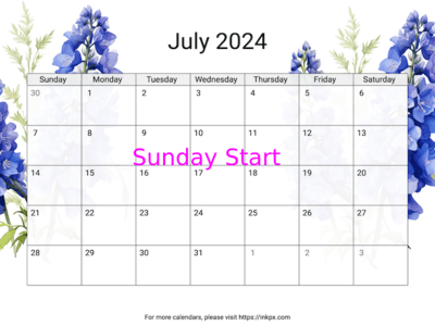 Printable Delphinium July 2024 Calendar(Sunday Start)