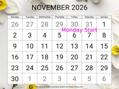 Free Printable Large Narcissus November 2026 Calendar (Monday Start)