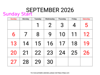 Free Printable Large Weekend Highlighted September 2026 Calendar (Sunday Start)