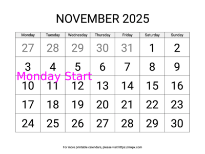 Free Printable Large November 2025 Calendar (Monday Start)