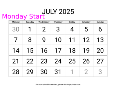 Free Printable Large July 2025 Calendar (Monday Start)