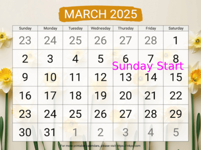 Free Printable Large Daffodil Background March 2025 Calendar (Sunday Start)