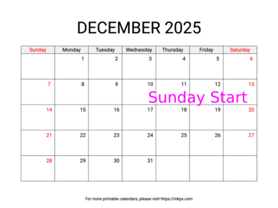 Free Printable Weekend Highlighted December 2025 Calendar (Sunday Start)