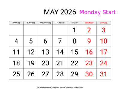 Free Printable Large Weekend Highlighted May 2026 Calendar (Monday Start)
