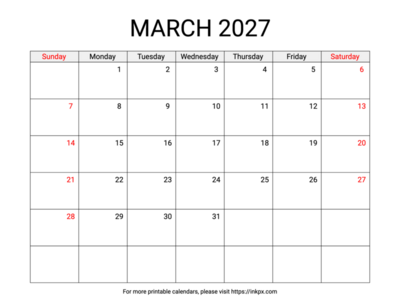 Free Printable Weekend Highlighted March 2027 Calendar (Sunday Start)