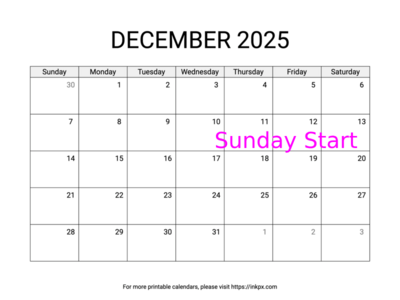 Free Printable Simple December 2025 Calendar (Sunday Start)