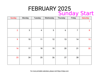 Free Printable Weekend Highlighted February 2025 Calendar (Sunday Start)