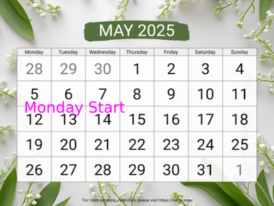 Free Printable Large Lily of the Valley May 2025 Calendar (Monday Start)