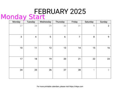 Free Printable Simple February 2025 Calendar (Monday Start)