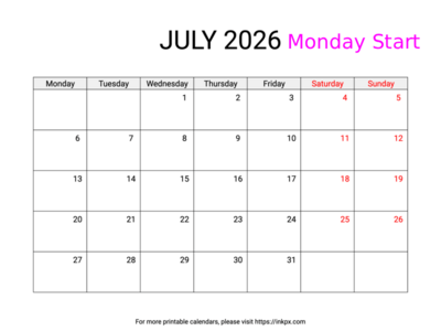 Free Printable Weekend Highlighted July 2026 Calendar (Monday Start)
