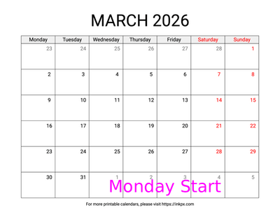 Free Printable Weekend Highlighted March 2026 Calendar (Monday Start)