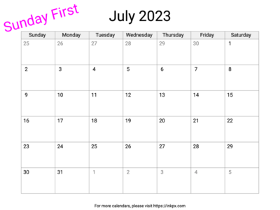 Printable Blank July 2023 Calendar (Sunday First)