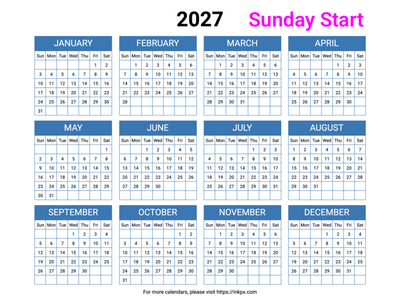 Free Printable Minimalist Blue Table 2027 Calendar (Landscape, Sunday Start)