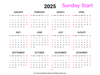 Free Printable Weekend Highlight 2025 Calendar (Landscape, Sunday First)