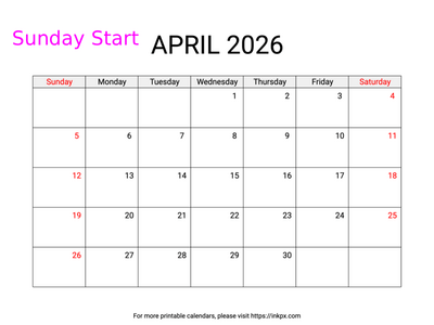 Free Printable Weekend Highlighted April 2026 Calendar (Sunday Start)